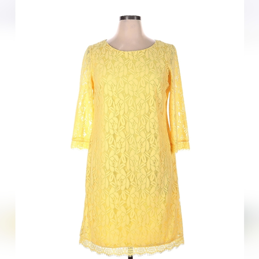 London Times Sheath Dress, Lace Overlay, Golden Yellow, Size 16